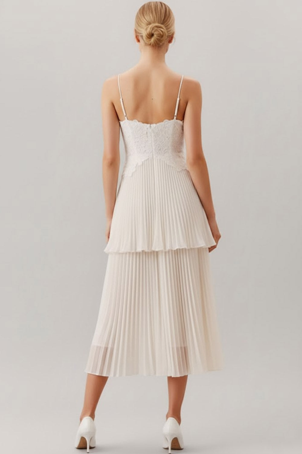 Leely Women White A Line Midi Bridal Dress Spaghetti Straps Backless