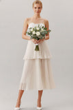 White A Line Spaghetti Straps Pleated Backless Midi Bridal Dress