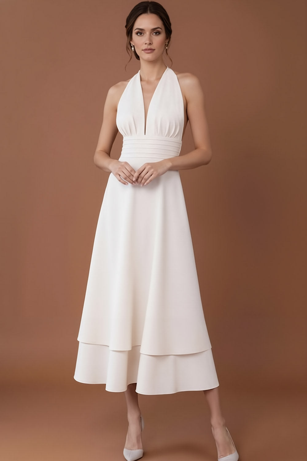 Leely Women White Halter Neck Long Wedding Reception Dress Backless A ...