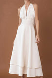 White Halter Neck Backless Long Wedding Reception Dress