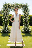 White Halter Neck Backless Long Wedding Reception Dress