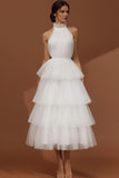 White Tulle Tiered Backless Ruffled Long Wedding Reception Dress