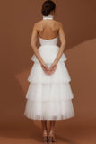 White Tulle Tiered Backless Ruffled Long Wedding Reception Dress