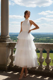 White Tulle Tiered Backless Ruffled Long Wedding Reception Dress