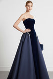 Navy A Line Strapless Velvet Long Formal Dress with Cape