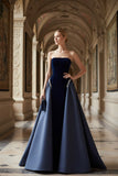 Navy A Line Strapless Velvet Long Formal Dress with Cape