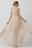 Champagne One Shoulder Asymmetrical Chiffon Bridesmaid Dress with 3D Flower