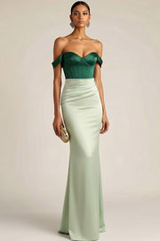 Green Mermaid Ruched Satin Long Corset Prom Dress