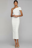 White One Shoulder Ruched Sheath Long Formal Dress