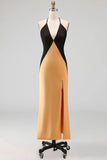 Bronze Halter Backless Sheath Long Wedding Guest Dress with Slit