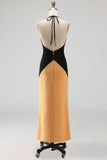 Bronze Halter Backless Sheath Long Wedding Guest Dress with Slit