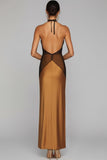 Bronze Halter Backless Sheath Long Wedding Guest Dress with Slit