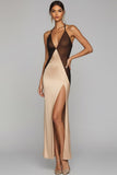 Bronze Halter Backless Sheath Long Wedding Guest Dress with Slit