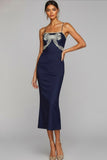 Navy Mermaid Spaghetti Straps Midi Wedding Guest Dress with Bow