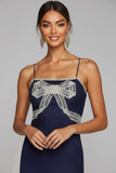Navy Mermaid Spaghetti Straps Midi Wedding Guest Dress with Bow