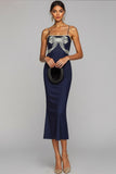 Navy Mermaid Spaghetti Straps Midi Wedding Guest Dress with Bow