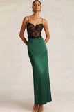 Bronze Satin Spaghetti Straps Sheath Long Wedding Guest Dress with Lace