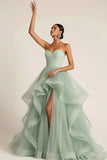 Light Green Sweetheart Tulle A Line Maxi Prom Dress with Ruffles