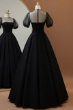 Black Tulle Princess Crew Neck Long Formal Dress with Sleeves