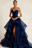 Burgundy Tulle Ruffled Ball Gown Long Prom Dress with Pearls