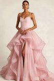 Burgundy Tulle Ruffled Ball Gown Long Prom Dress with Pearls