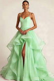 Burgundy Tulle Ruffled Ball Gown Long Prom Dress with Pearls