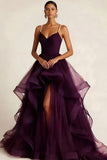 Burgundy Tulle Ruffled Ball Gown Long Prom Dress with Pearls