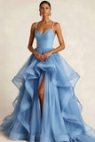 Burgundy Tulle Ruffled Ball Gown Long Prom Dress with Pearls