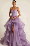 Burgundy Tulle Ruffled Ball Gown Long Prom Dress with Pearls