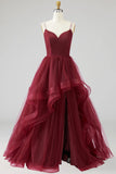 Burgundy Tulle Ruffled Ball Gown Long Prom Dress with Pearls