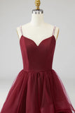 Burgundy Tulle Ruffled Ball Gown Long Prom Dress with Pearls