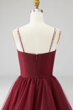Burgundy Tulle Ruffled Ball Gown Long Prom Dress with Pearls