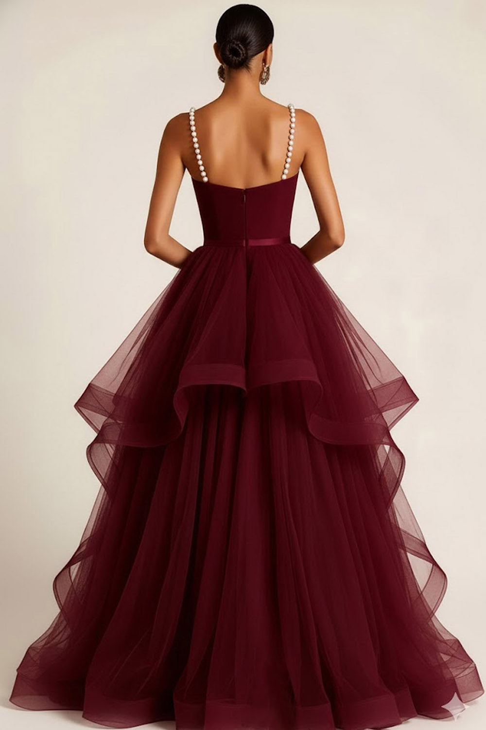 Leely Women Sparkly Burgundy Tulle Ruffled Long Prom Dress with Pearls
