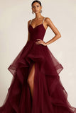 Burgundy Tulle Ruffled Ball Gown Long Prom Dress with Pearls