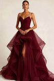 Burgundy Tulle Ruffled Ball Gown Long Prom Dress with Pearls