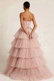 Light Pink Tiered Tulle Ruffled Sweetheart Princess Long Prom Dress
