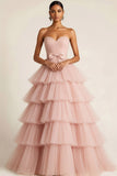 Light Pink Tiered Tulle Ruffled Sweetheart Princess Long Prom Dress