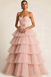 Light Pink Tiered Tulle Ruffled Sweetheart Princess Long Prom Dress