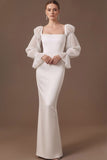 White Satin Square Neck Long Formal Dress with Sleeves