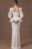 White Satin Square Neck Long Formal Dress with Sleeves