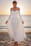 White Off the Shoulder Chiffon Long Beach Wedding Dress with Sleeves