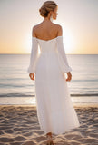 White Off the Shoulder Chiffon Long Beach Wedding Dress with Sleeves