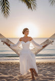 White Off the Shoulder Chiffon Long Beach Wedding Dress with Sleeves