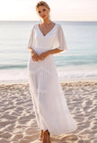 White V-Neck Chiffon Sheath Long Beach Wedding Dress with Ruffles