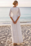 White V-Neck Chiffon Sheath Long Beach Wedding Dress with Ruffles