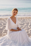 White V-Neck Chiffon Sheath Long Beach Wedding Dress with Ruffles