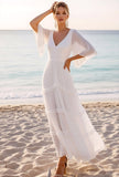 White V-Neck Chiffon Sheath Long Beach Wedding Dress with Ruffles