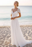 White Chiffon Sheath Long Beach Wedding Dress with Lace
