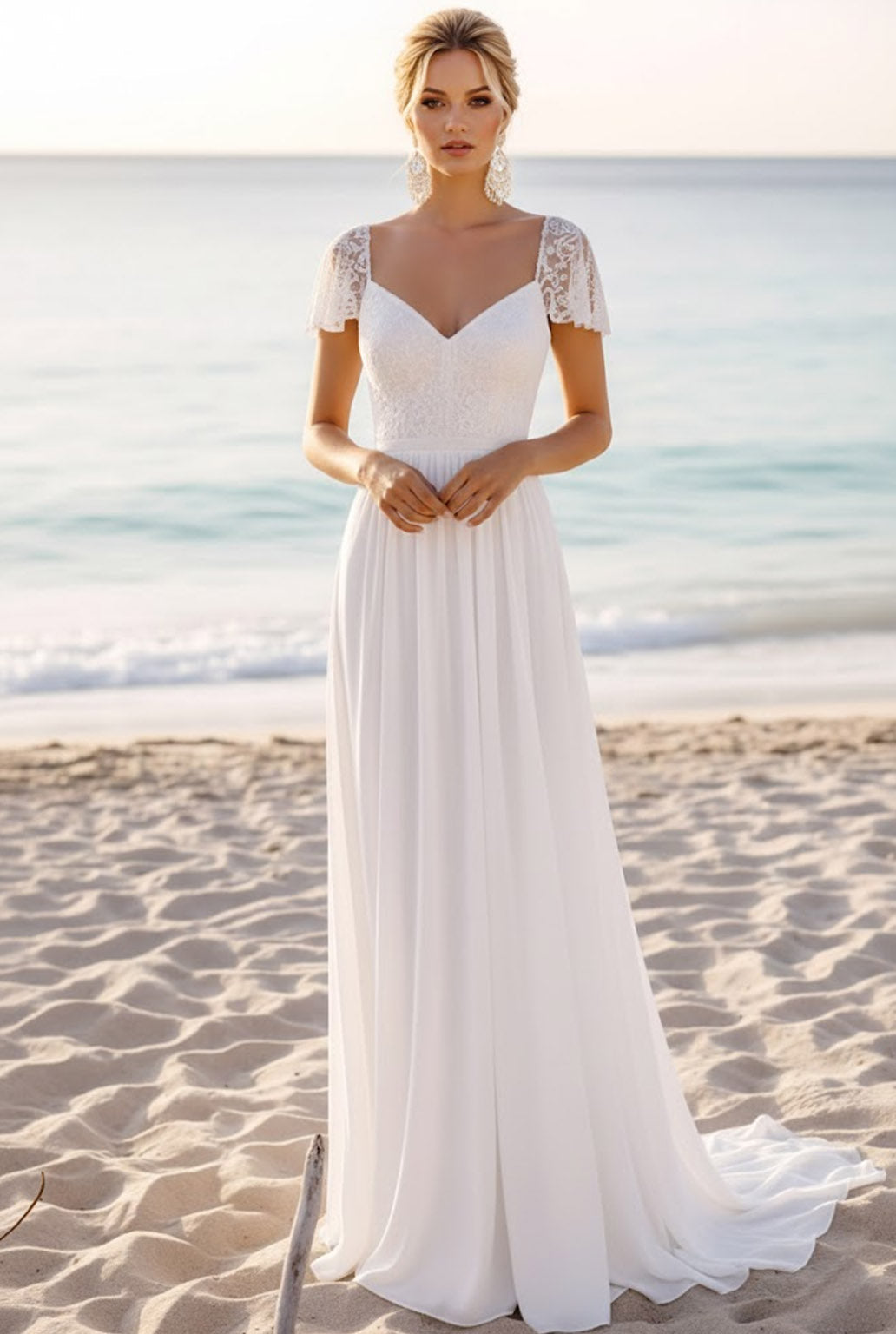 Leely Women White Chiffon Long Beach Wedding Dress with Lace Sheath V