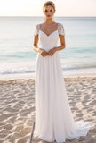 White Chiffon Sheath Long Beach Wedding Dress with Lace